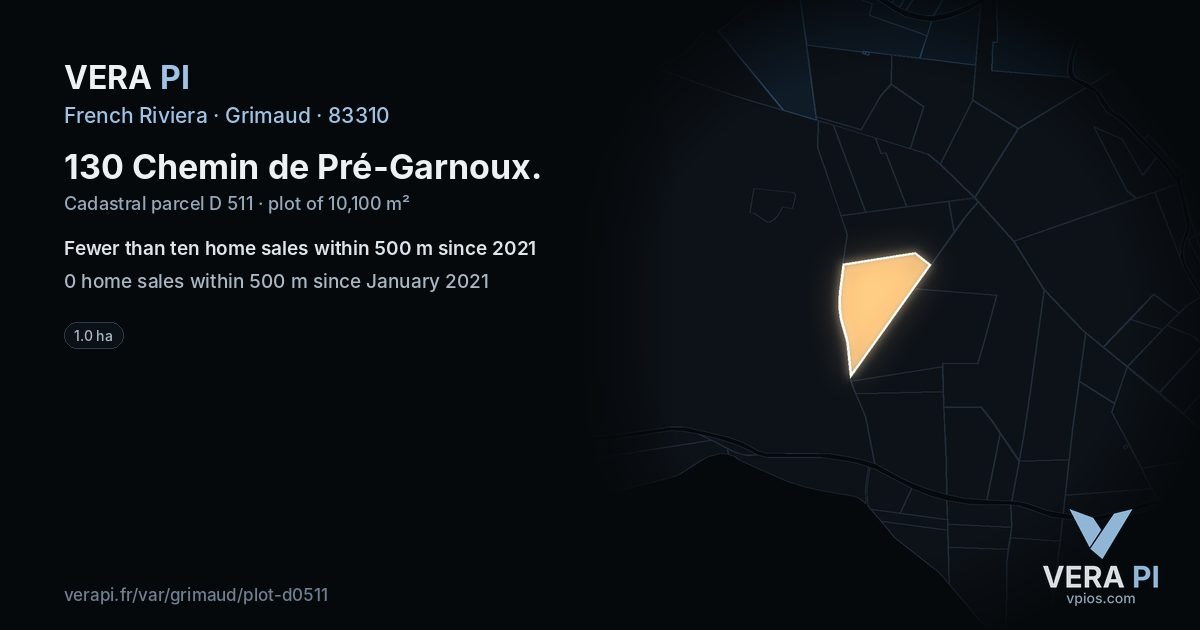 130 Chemin de Pré-Garnoux, Grimaud at night – the plot lit, the parcels around coloured by the prices near them