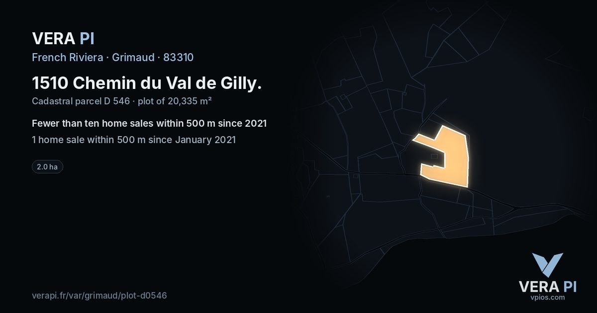 1510 Chemin du Val de Gilly, Grimaud at night – the plot lit, the parcels around coloured by the prices near them