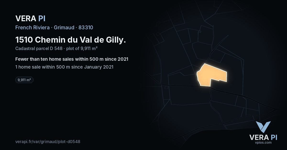 1510 Chemin du Val de Gilly, Grimaud at night – the plot lit, the parcels around coloured by the prices near them