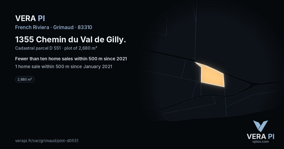 1355 Chemin du Val de Gilly, Grimaud at night – the plot lit, the parcels around coloured by the prices near them