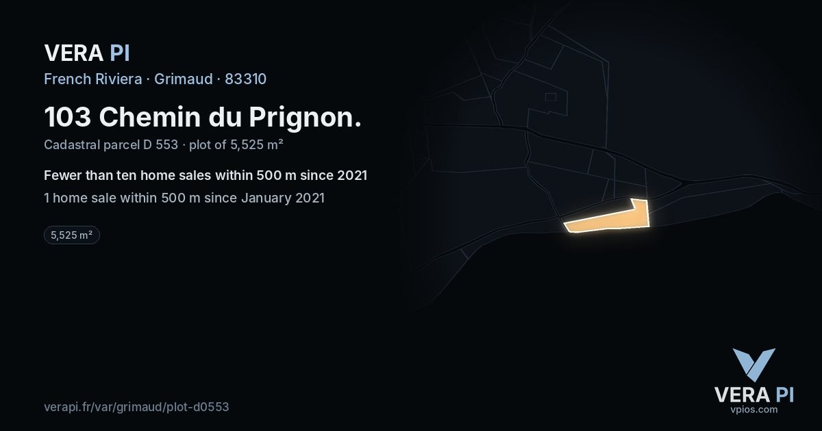 103 Chemin du Prignon, Grimaud at night – the plot lit, the parcels around coloured by the prices near them