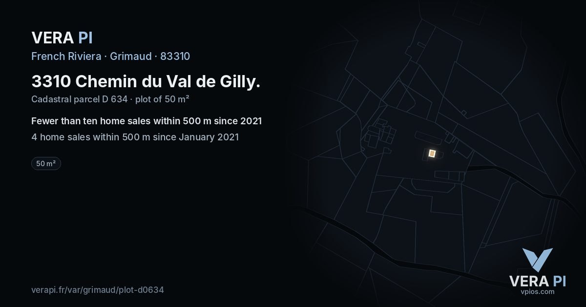 3310 Chemin du Val de Gilly, Grimaud at night – the plot lit, the parcels around coloured by the prices near them