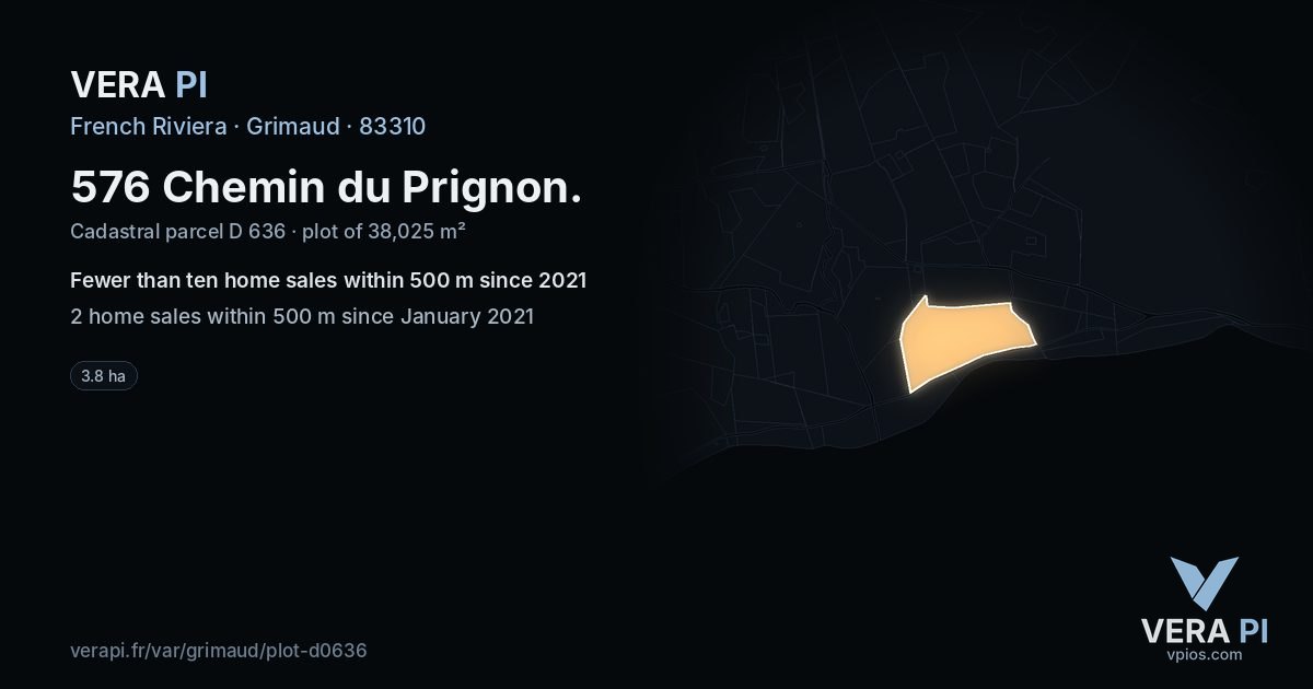 576 Chemin du Prignon, Grimaud at night – the plot lit, the parcels around coloured by the prices near them