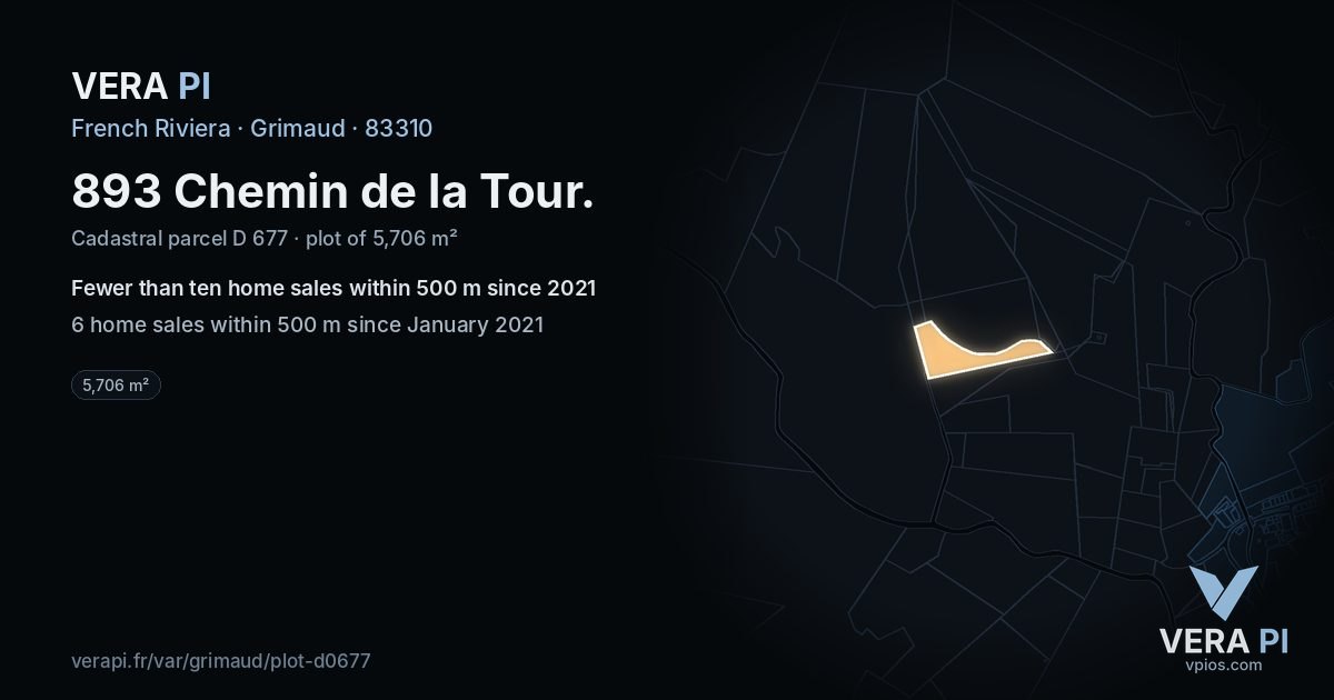 893 Chemin de la Tour, Grimaud at night – the plot lit, the parcels around coloured by the prices near them