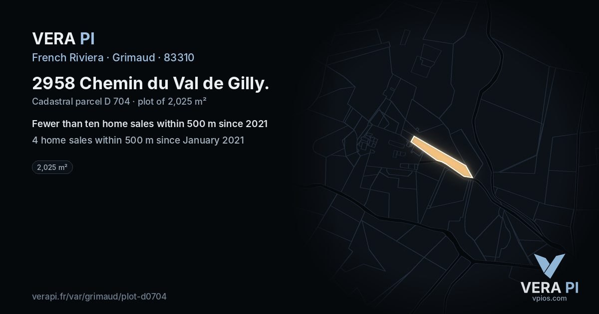 2958 Chemin du Val de Gilly, Grimaud at night – the plot lit, the parcels around coloured by the prices near them