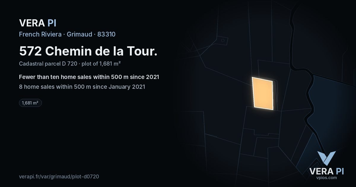 572 Chemin de la Tour, Grimaud at night – the plot lit, the parcels around coloured by the prices near them