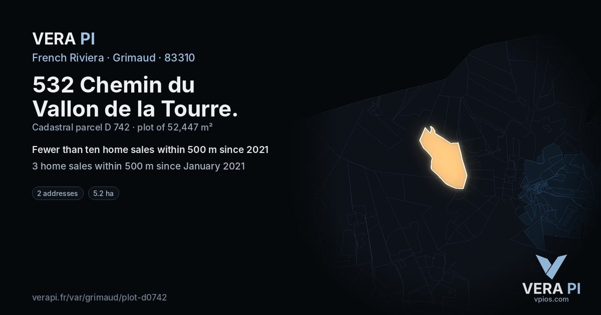 532 Chemin du Vallon de la Tourre, Grimaud at night – the plot lit, the parcels around coloured by the prices near them