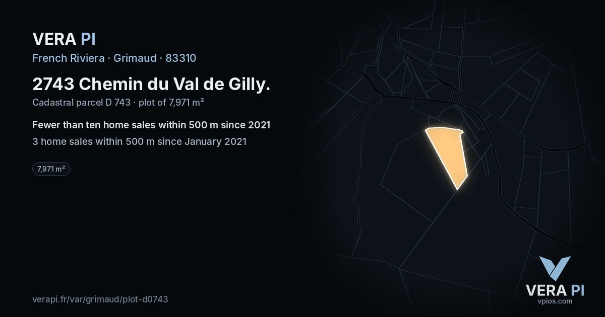 2743 Chemin du Val de Gilly, Grimaud at night – the plot lit, the parcels around coloured by the prices near them