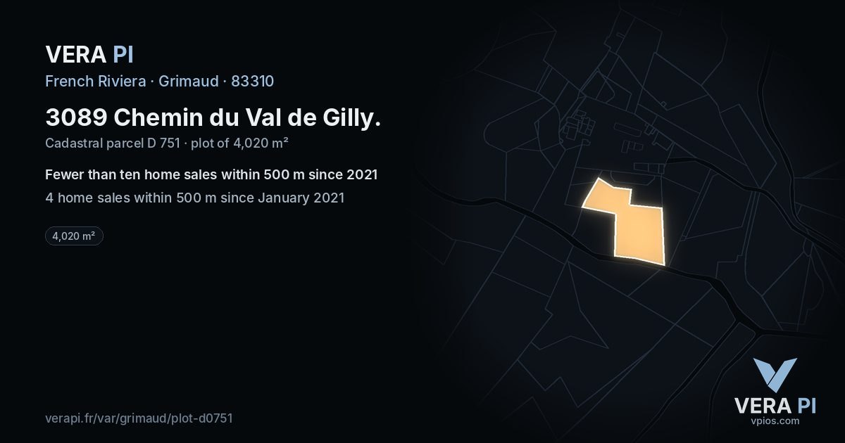 3089 Chemin du Val de Gilly, Grimaud at night – the plot lit, the parcels around coloured by the prices near them