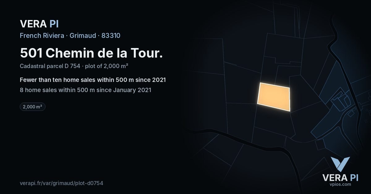 501 Chemin de la Tour, Grimaud at night – the plot lit, the parcels around coloured by the prices near them