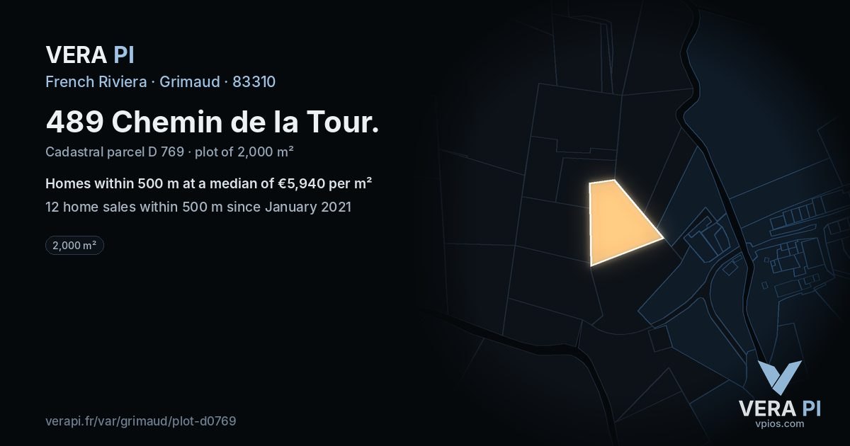 489 Chemin de la Tour, Grimaud at night – the plot lit, the parcels around coloured by the prices near them