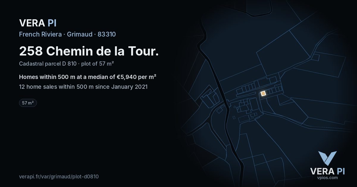 258 Chemin de la Tour, Grimaud at night – the plot lit, the parcels around coloured by the prices near them