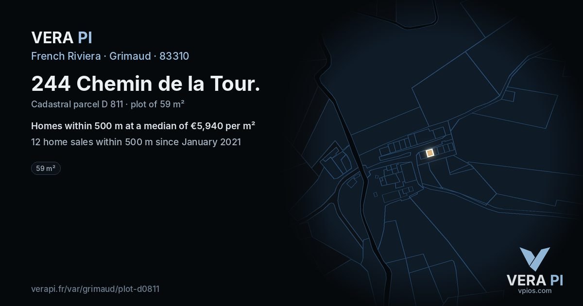 244 Chemin de la Tour, Grimaud at night – the plot lit, the parcels around coloured by the prices near them