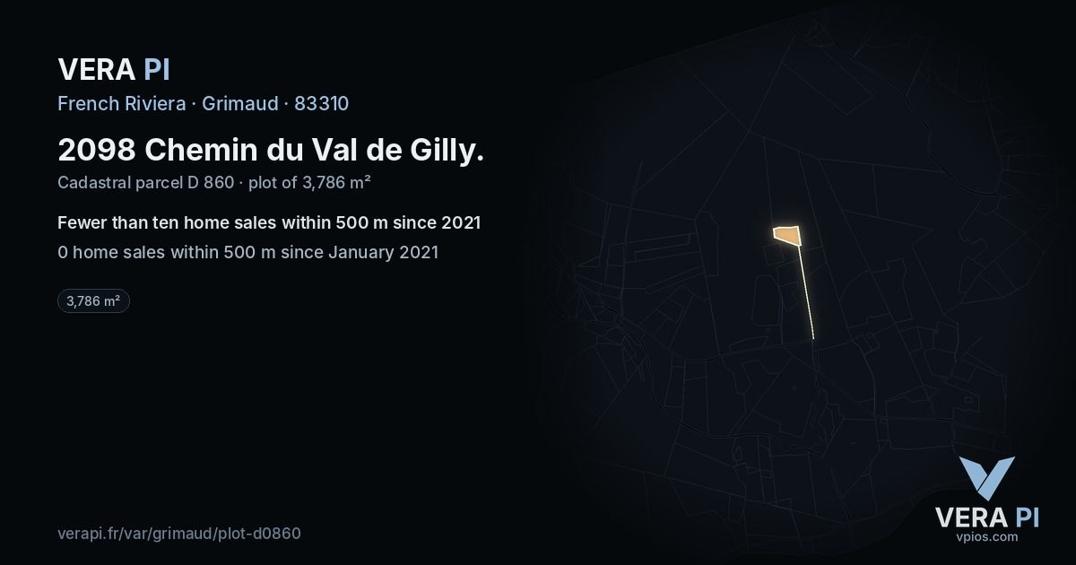 2098 Chemin du Val de Gilly, Grimaud at night – the plot lit, the parcels around coloured by the prices near them
