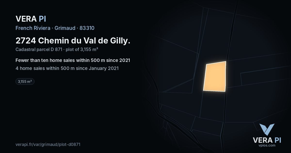 2724 Chemin du Val de Gilly, Grimaud at night – the plot lit, the parcels around coloured by the prices near them