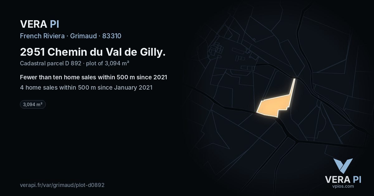 2951 Chemin du Val de Gilly, Grimaud at night – the plot lit, the parcels around coloured by the prices near them