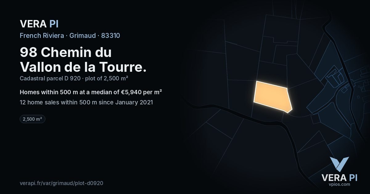 98 Chemin du Vallon de la Tourre, Grimaud at night – the plot lit, the parcels around coloured by the prices near them