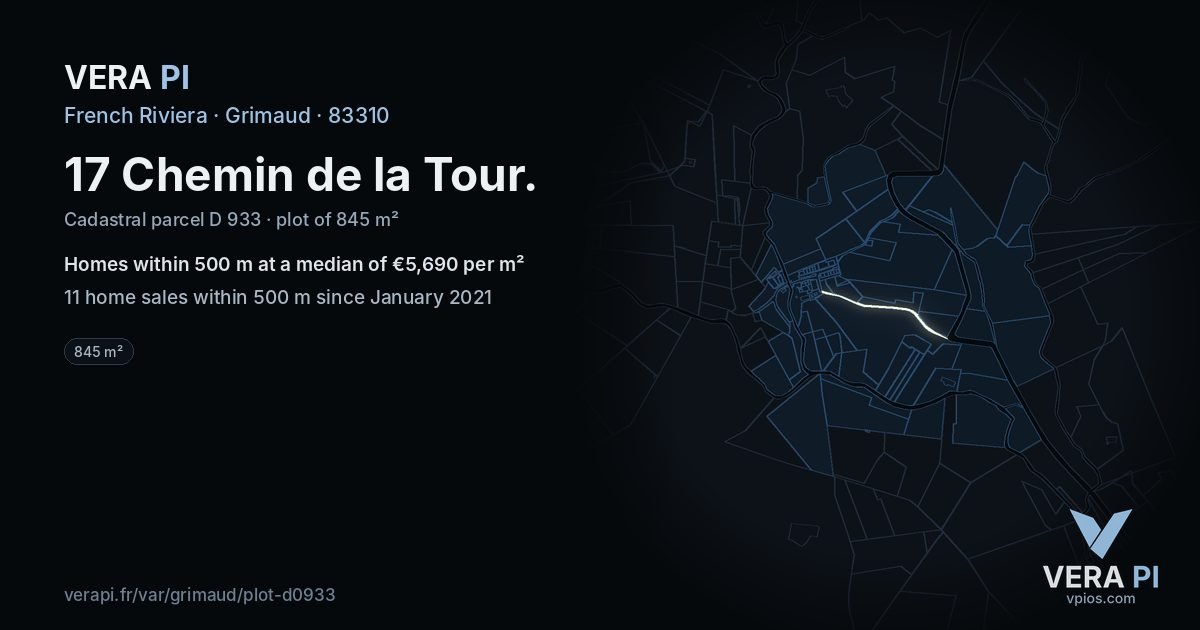 17 Chemin de la Tour, Grimaud at night – the plot lit, the parcels around coloured by the prices near them