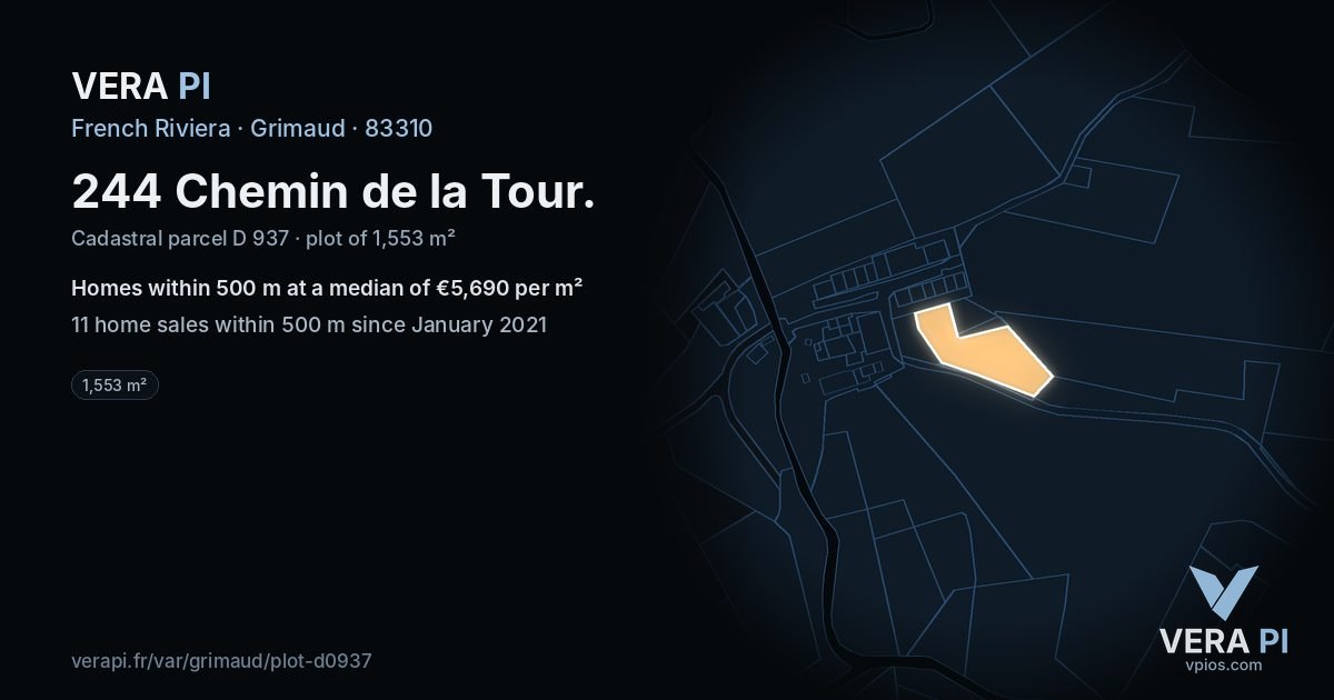 244 Chemin de la Tour, Grimaud at night – the plot lit, the parcels around coloured by the prices near them