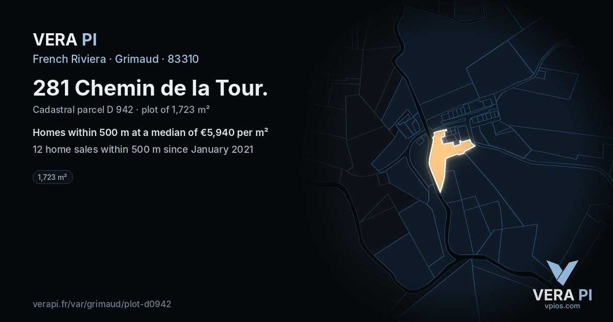 281 Chemin de la Tour, Grimaud at night – the plot lit, the parcels around coloured by the prices near them