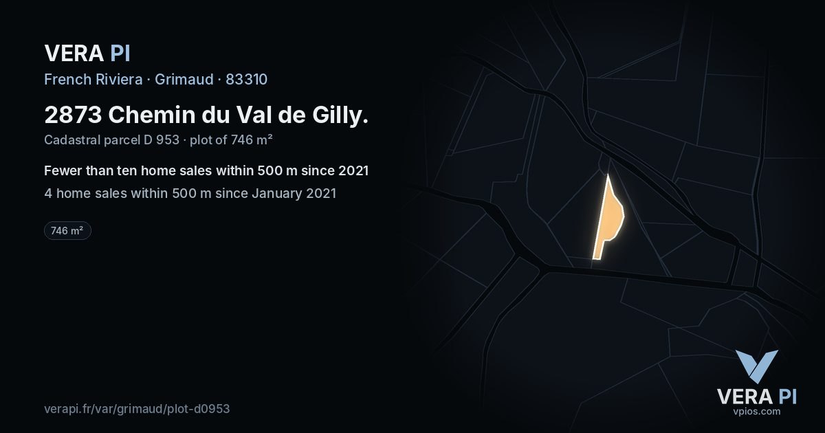 2873 Chemin du Val de Gilly, Grimaud at night – the plot lit, the parcels around coloured by the prices near them