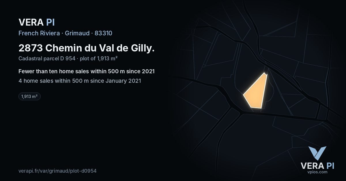 2873 Chemin du Val de Gilly, Grimaud at night – the plot lit, the parcels around coloured by the prices near them