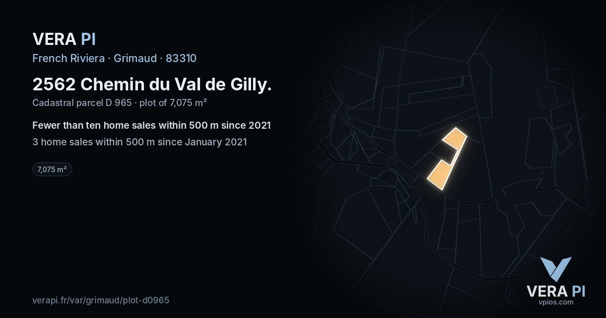 2562 Chemin du Val de Gilly, Grimaud at night – the plot lit, the parcels around coloured by the prices near them