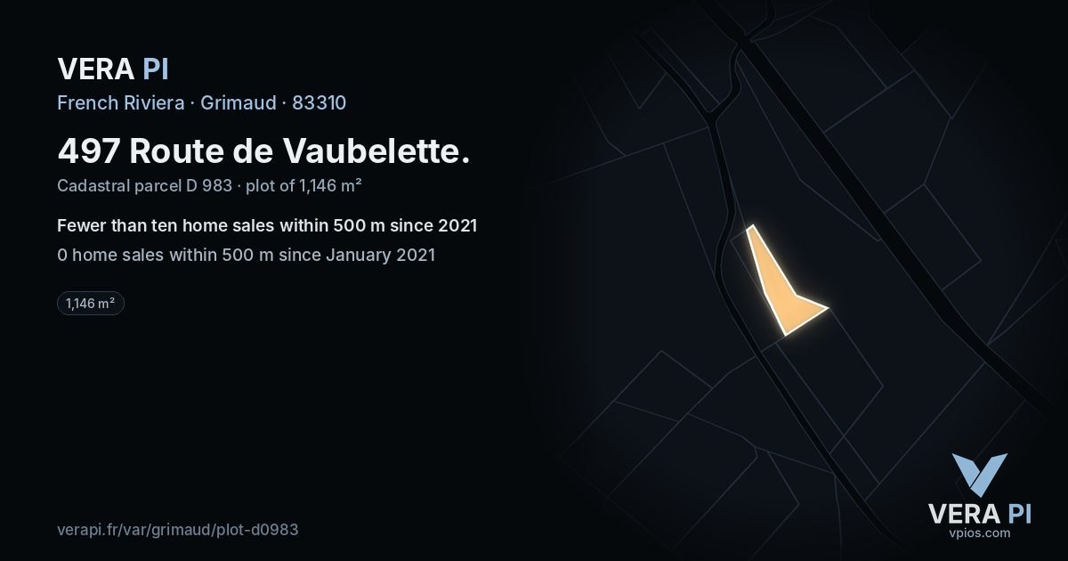 497 Route de Vaubelette, Grimaud at night – the plot lit, the parcels around coloured by the prices near them