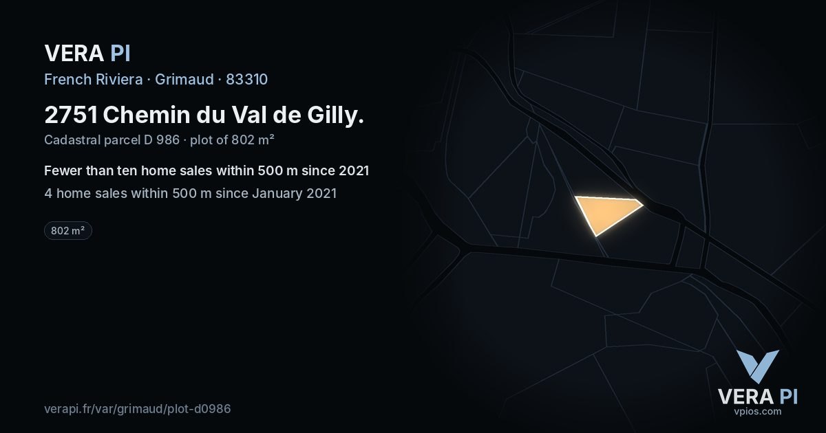 2751 Chemin du Val de Gilly, Grimaud at night – the plot lit, the parcels around coloured by the prices near them