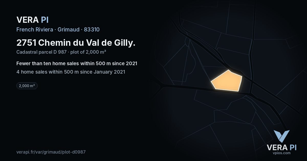 2751 Chemin du Val de Gilly, Grimaud at night – the plot lit, the parcels around coloured by the prices near them