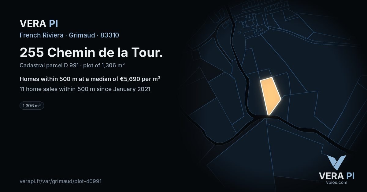 255 Chemin de la Tour, Grimaud at night – the plot lit, the parcels around coloured by the prices near them