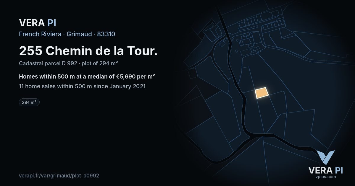 255 Chemin de la Tour, Grimaud at night – the plot lit, the parcels around coloured by the prices near them