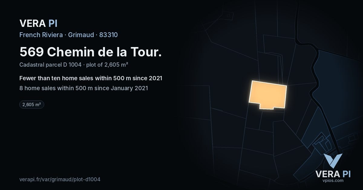 569 Chemin de la Tour, Grimaud at night – the plot lit, the parcels around coloured by the prices near them