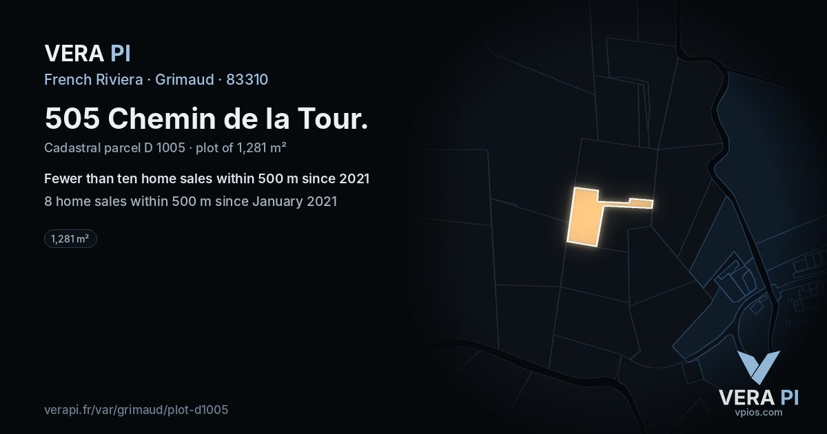 505 Chemin de la Tour, Grimaud at night – the plot lit, the parcels around coloured by the prices near them