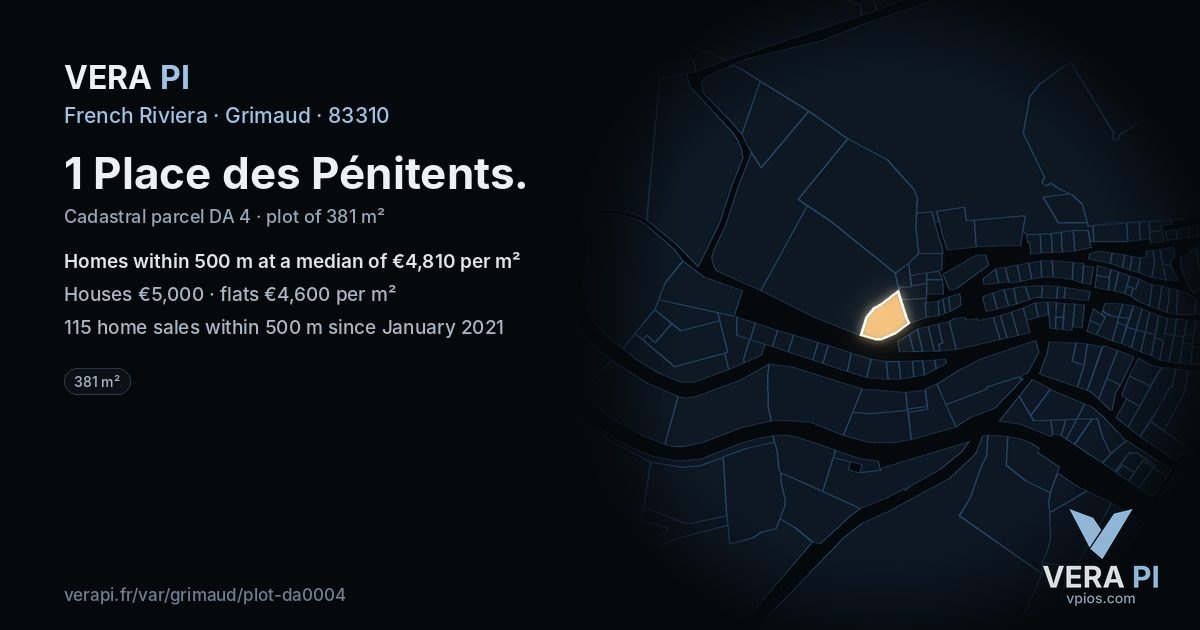 1 Place des Pénitents, Grimaud at night – the plot lit, the parcels around coloured by the prices near them