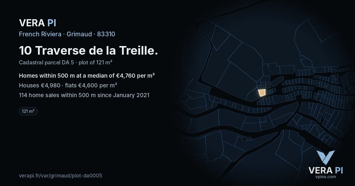 10 Traverse de la Treille, Grimaud at night – the plot lit, the parcels around coloured by the prices near them