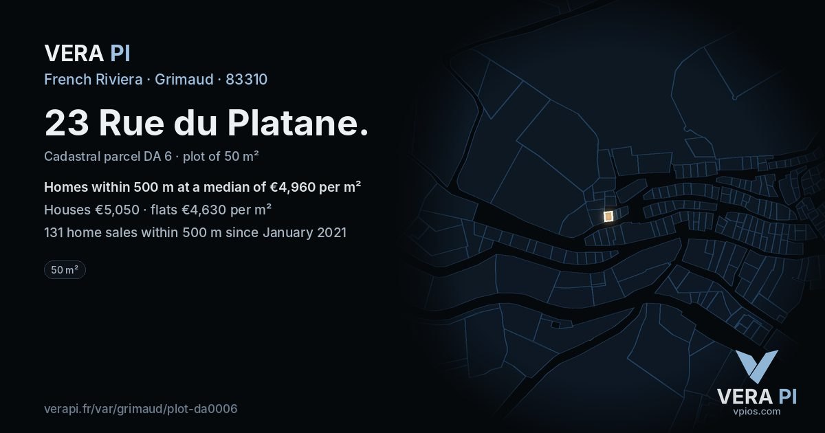 23 Rue du Platane, Grimaud at night – the plot lit, the parcels around coloured by the prices near them