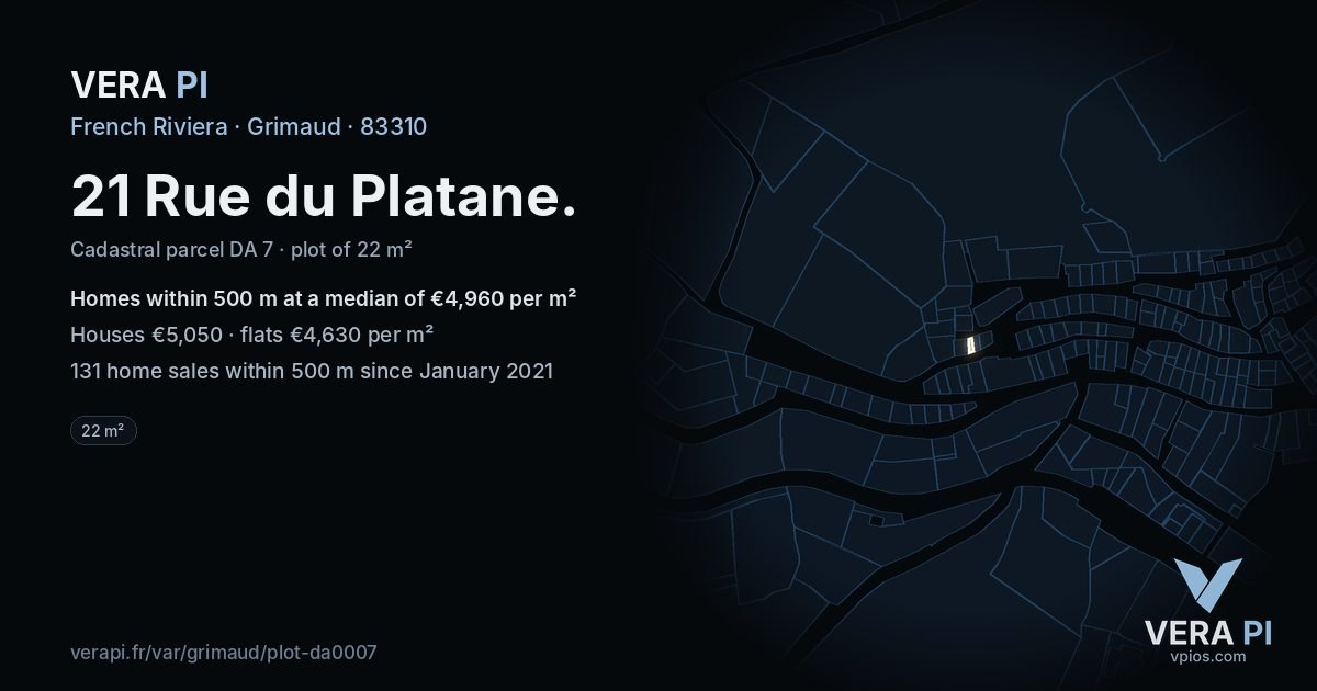 21 Rue du Platane, Grimaud at night – the plot lit, the parcels around coloured by the prices near them