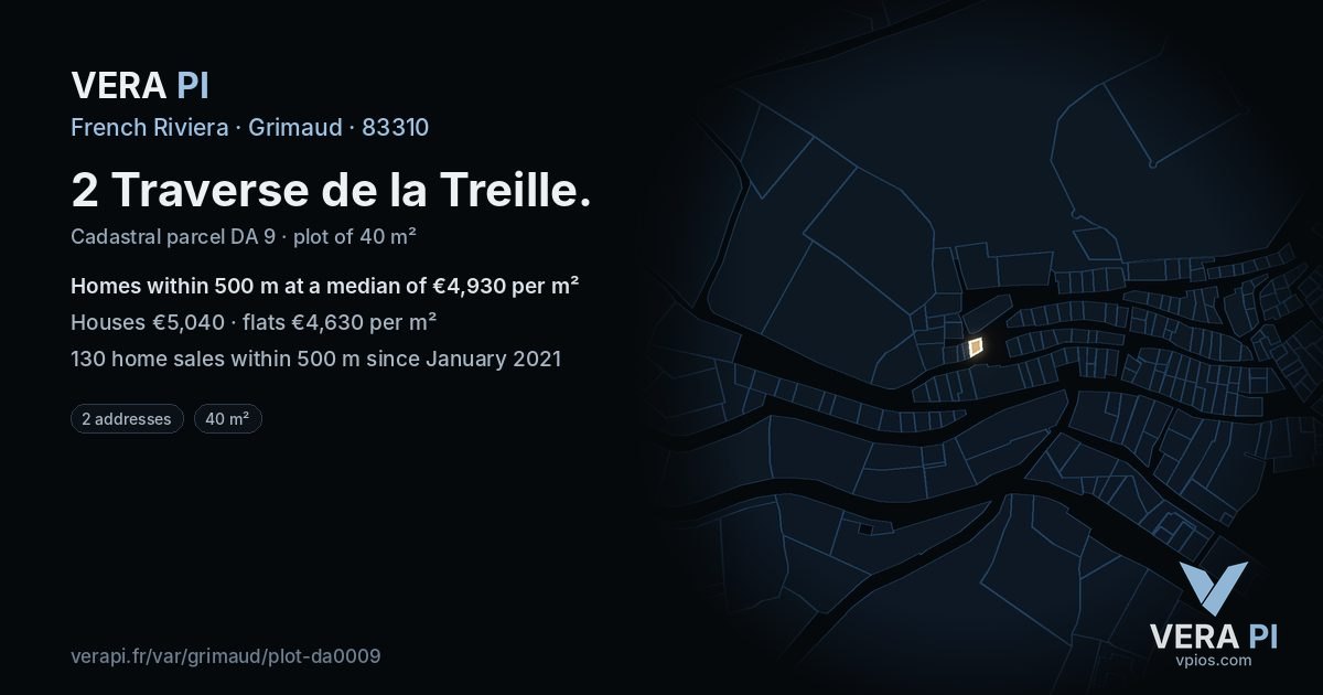 2 Traverse de la Treille, Grimaud at night – the plot lit, the parcels around coloured by the prices near them