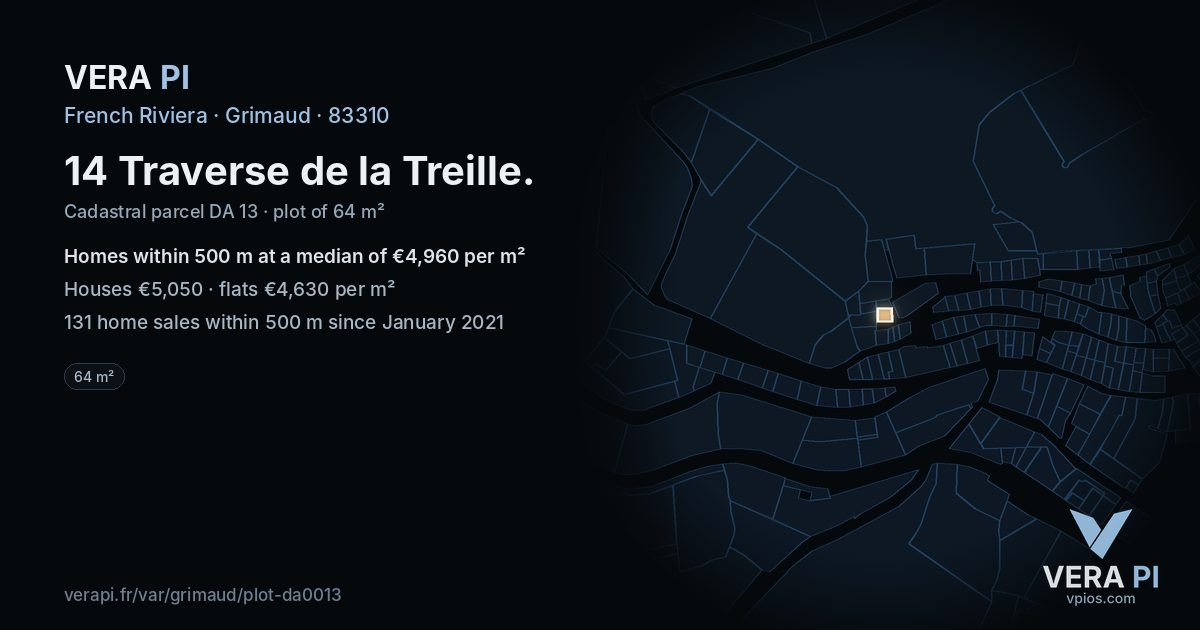 14 Traverse de la Treille, Grimaud at night – the plot lit, the parcels around coloured by the prices near them
