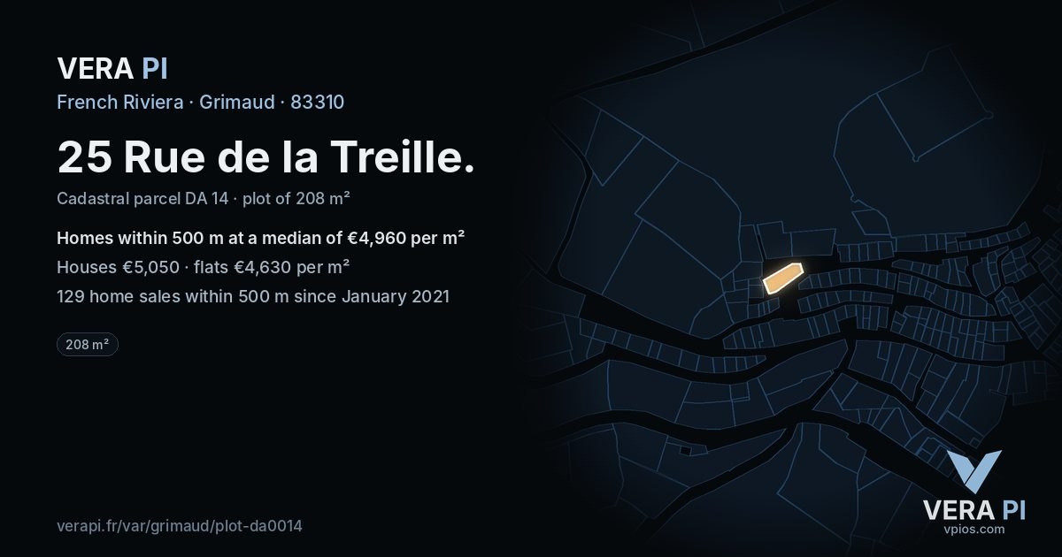 25 Rue de la Treille, Grimaud at night – the plot lit, the parcels around coloured by the prices near them
