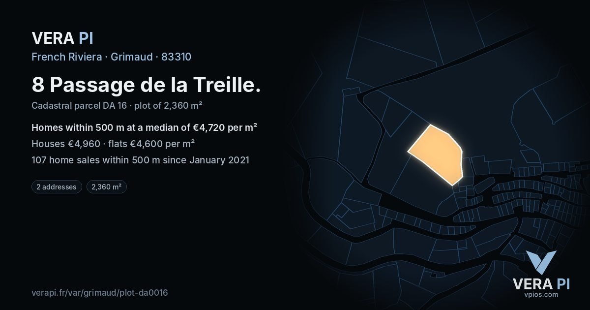 8 Passage de la Treille, Grimaud at night – the plot lit, the parcels around coloured by the prices near them
