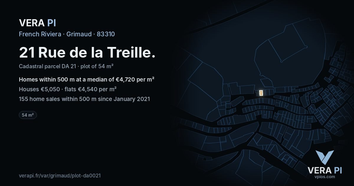 21 Rue de la Treille, Grimaud at night – the plot lit, the parcels around coloured by the prices near them