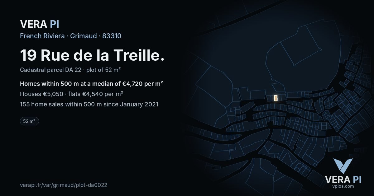 19 Rue de la Treille, Grimaud at night – the plot lit, the parcels around coloured by the prices near them