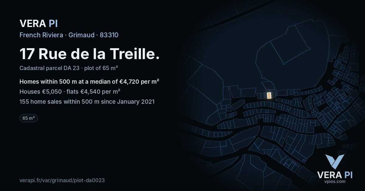 17 Rue de la Treille, Grimaud at night – the plot lit, the parcels around coloured by the prices near them