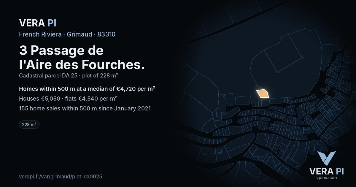 3 Passage de l'Aire des Fourches, Grimaud at night – the plot lit, the parcels around coloured by the prices near them