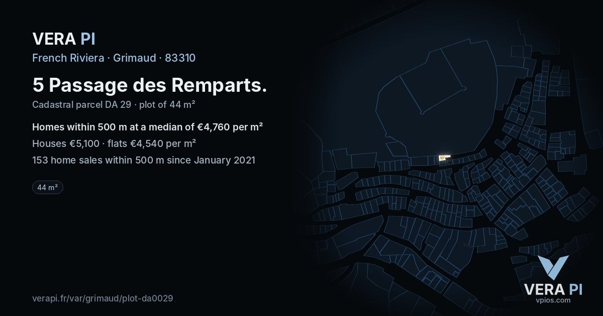5 Passage des Remparts, Grimaud at night – the plot lit, the parcels around coloured by the prices near them