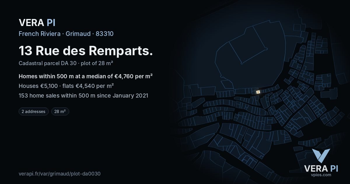 13 Rue des Remparts, Grimaud at night – the plot lit, the parcels around coloured by the prices near them