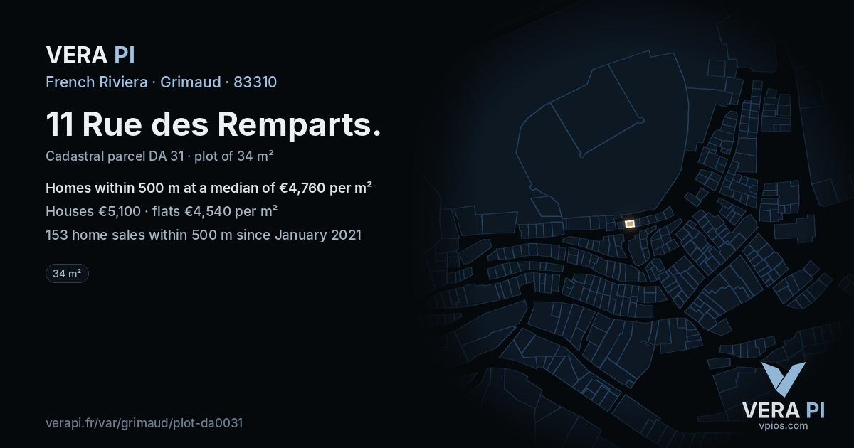 11 Rue des Remparts, Grimaud at night – the plot lit, the parcels around coloured by the prices near them