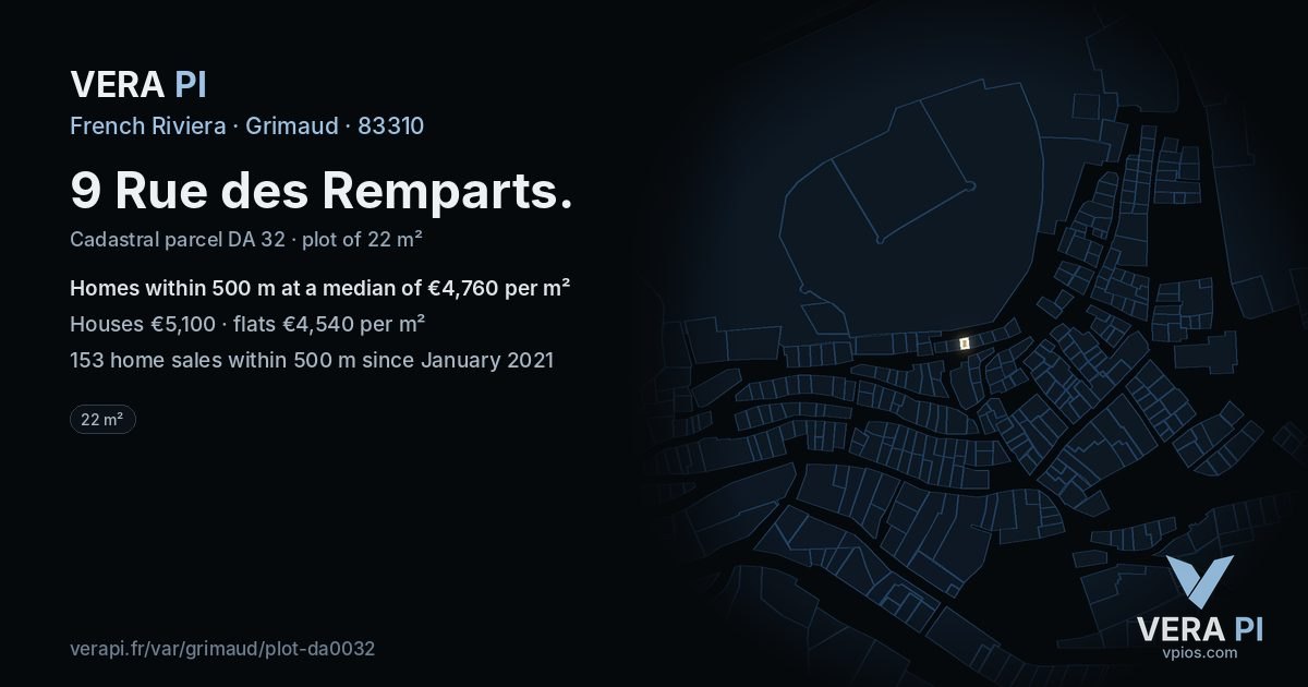 9 Rue des Remparts, Grimaud at night – the plot lit, the parcels around coloured by the prices near them